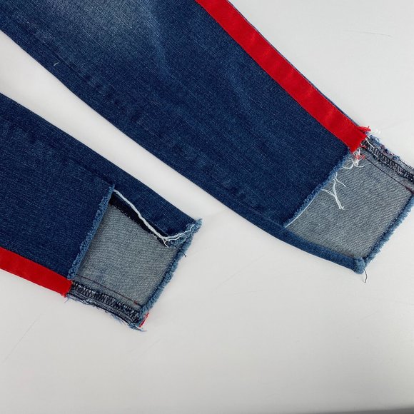 Etienne Marcel Tammy Side Stripe Skinny Double Red Ribbon High Low Raw Hem Jeans - Picture 5 of 16